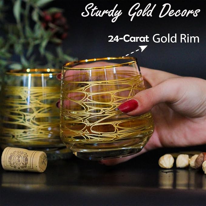 Gold Rim Cocktail Juice Water Wine Whiskey Drinking Glasses Set of 6 Glassware Rimmed Trim Crystal Cups Drinkware Drink Bar Fancy Party Wedding Decorative Style
