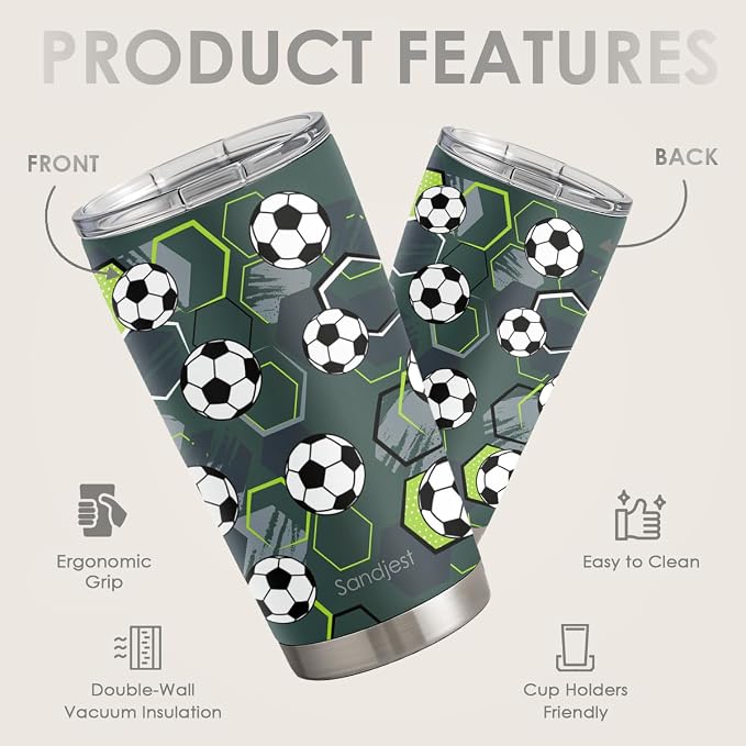 SANDJEST Soccer Tumbler Stainless Steel 20oz, Insulated Travel Coffee Cup - Image 2