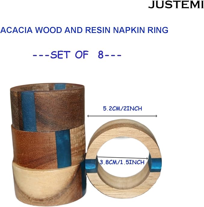 Wooden Napkin Rings Set of 8 for Dinning Table Decor - Acacia Wood Resin Napkin Holder Blue Napkin Ring for Home and Kitchen Décor (Round Shape)