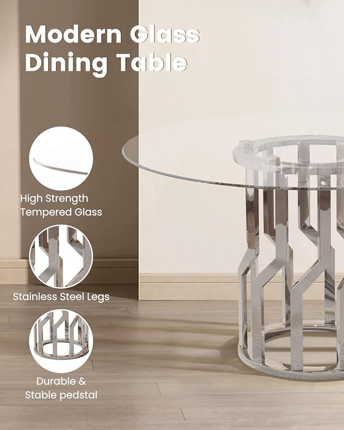 47.2" Round Glass Dining Table Set for 6, Modern 7 Piece Kitchen Table Set with Silver Stainless Steel Base & 6 PU Leather Accent Chairs, Saving Space, Dining Set for Apartment, Home - Black Chair