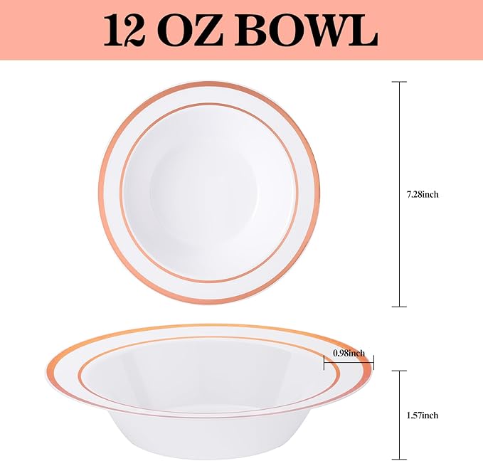 100 Pack White Disposable Soup Bowls with Rose Gold Rim,12oz Disposable Soup Bowls,Disposable Soup Dessert Salad Bowls for Wedding/Party/Catered Events/Valentine's Day