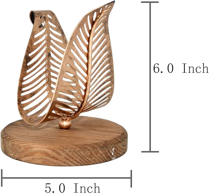 OwlGift Freestanding Modern Napkin Holder w/Bronze Metal Leaf & Brown Wooden Base Design, Tabletop Tissue Dispenser, Napkin Storage Organizer