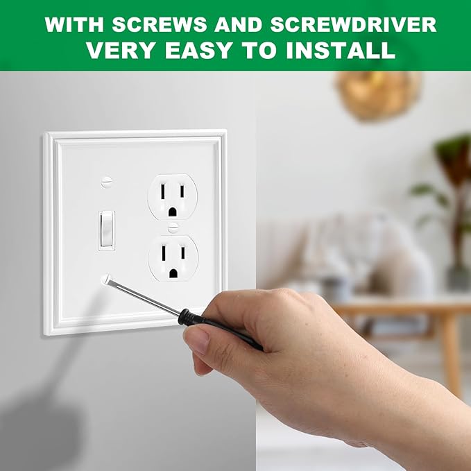 White Modern Decorative Wall Plate Light Switch Cover Decorator Outlet Covers Rocker Switch Plates Bamboo Fiber Material Wall Plates for Kitchen Bathroom (2 Gang Toggle/Duplex-2 Pack)