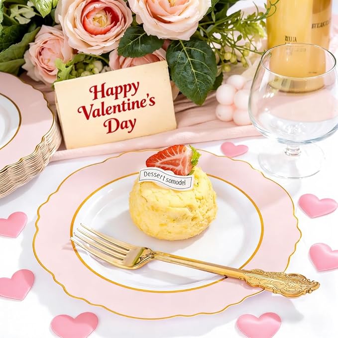 WDF 60pcs Pink Dessert Plates - 7.5inch Baroque Pink &White Disposable Dessert/Appetizer Small Cute Cake Plates for Upscale Parties &Wedding-Special for Baby Shower, Brithday, Valentine's Day