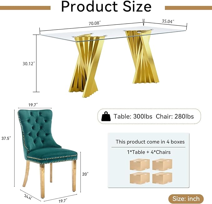 5 Piece Glass Dining Table Set,70" Dinner Room Glass Table Set for 4,Modern Kitchen Dinner Table Set with Stainless Steel Base and 4 Upholstered Velvet Dining Chairs for Living Dining Room