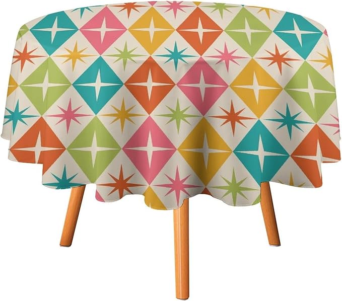 Abstract Geometric Round Tablecloth, Mid Century Retro Abstract Vintage Tablecloth for Home Party Dining Room Kitchen Decor 70Inch(178cm)