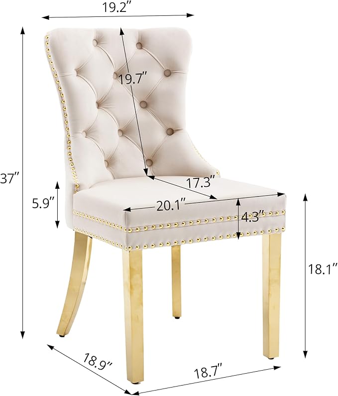 KCC Velvet Dining Chairs Set of 4, Upholstered High-end Tufted Dining Chair with Nailhead Back Ring Pull Trim Stainless Steel Legs, Contemporary Nikki Collection Modern Style for Kitchen, Beige