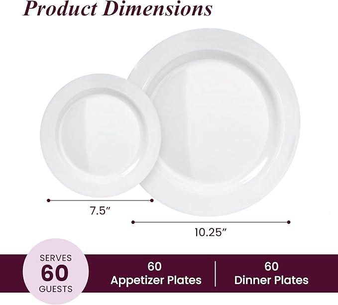 Aya's 120 Pack White Plastic Plates for Party - Round, Heavy Duty, Disposable Plate Set, 60 Each of 10" Dinner and 7.5" Salad Dessert Plates - Ideal for Weddings, Holidays, and Special Events