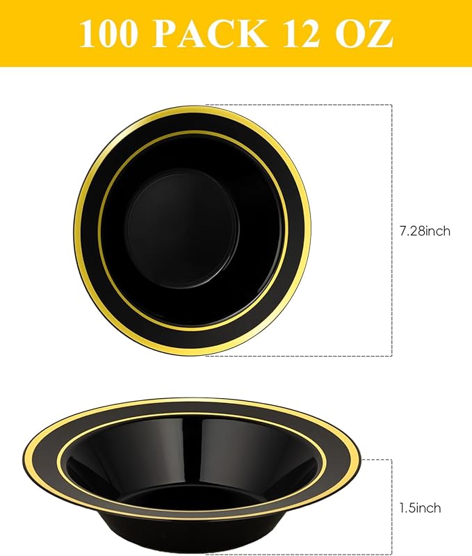 BESTSTAR 100 Pack Black Disposable Bowls with Gold Rim, 12oz Black Plastic Soup Bowls for Party, Wedding, Holiday,And Halloween