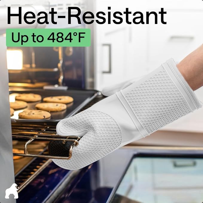 GORILLA GRIP BPA-Free Soft Silicone Oven Mitts, Heat Resistant and Waterproof Cooking Gloves, Thick Cotton Lining, Flexible Gripping for Baking Grilling, Kitchen Potholders Set of 2, 12.5x8.3, White