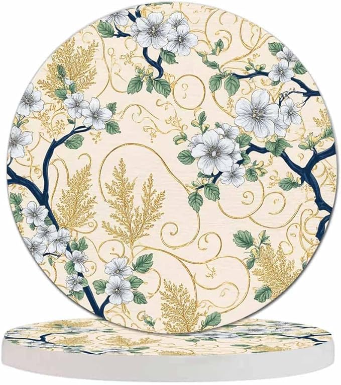 Elegant Floral Pattern Drink Coaster for Tabletop Protection Japanese Spring Style Fashion Flowers Non-Slip Cups Place Mats Home Decor Diatomite Material for Men Women