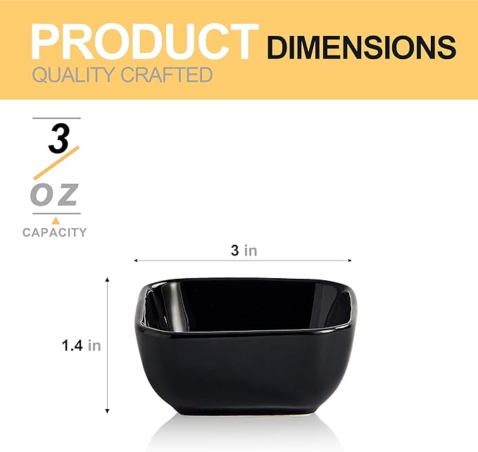 Ceramic Dipping Bowls Set of 6,3 Ounce Porcelain Small Mini Dip Bowl Square Soy Sauce Dish - Good for Tomato Sauce, Sushi Soy, BBQ,Charcuterie Board(Black)