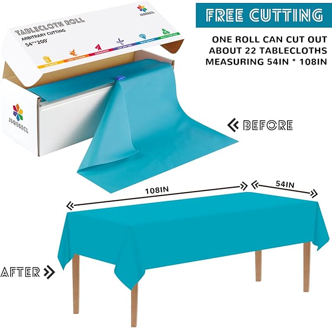 54 Inch X 200 Feet Plastic Table Cover Roll with Convenient Slide Cutter, Disposable Plastic Table Cloth Roll with Cut-to-Size Design for Weddings, Banquets, Parties (Turquoise)