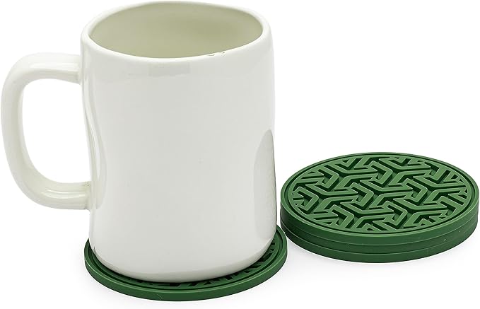 Drink Coasters for Tabletop Protection - Set of 4 No-Slip Silicone Rubber Coasters for Coffee Table, Desk & More - USA-Made Coasters for Drinks w/Liquid-Catching Grooves (Cactus Green)