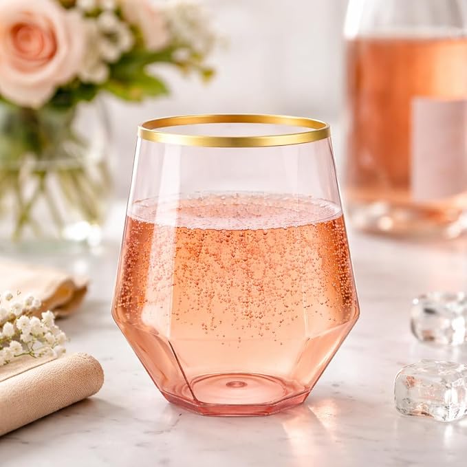 Oojami 40 Pack Disposable Plastic Wine Glasses 12 oz Diamond Pink Gold Rim | - Image 5