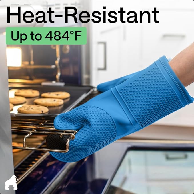 GORILLA GRIP BPA-Free Soft Silicone Oven Mitts, Heat Resistant and Waterproof Cooking Gloves, Thick Cotton Lining, Flexible Gripping for Baking Grilling, Kitchen Potholders Set of 2, 12.5x8.3, Aqua