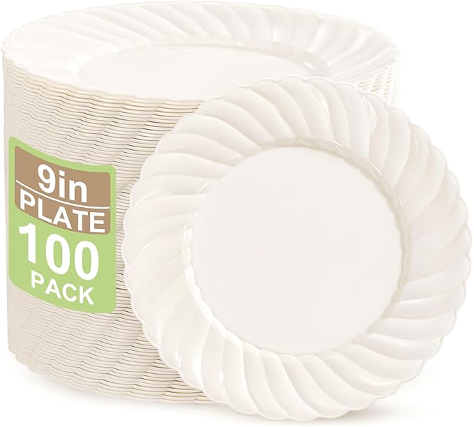 U-QE 100 Count 9 Inch Ivory Plastic Plates for Valentine's Day - Scalloped Disposable Dinner Plates - Premium Hard Fancy Disposable Heavy Duty Party Supplies for Celebrations, and Events