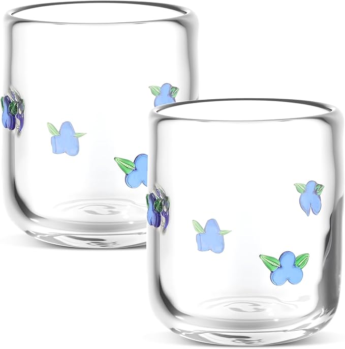 Icon Juice Glasses, 14oz Stemless Wine Drinking Juice Glass Cup for Valentine Party Supplies Gift(2 Pcs,Blueberry)