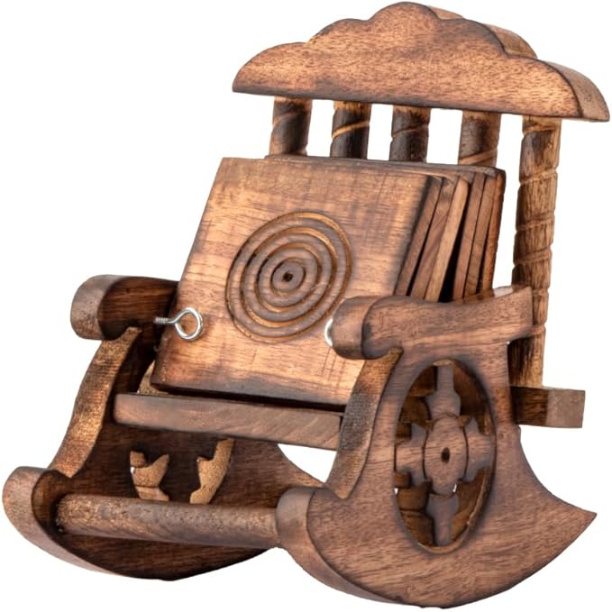 Wooden Coasters Set of 6 (Unique Chair Design) - Wood Coasters for Drinks - Square Design is Perfect for Coffee Table, Dining Table & Bar Use - Premium Drink Coasters Small Size