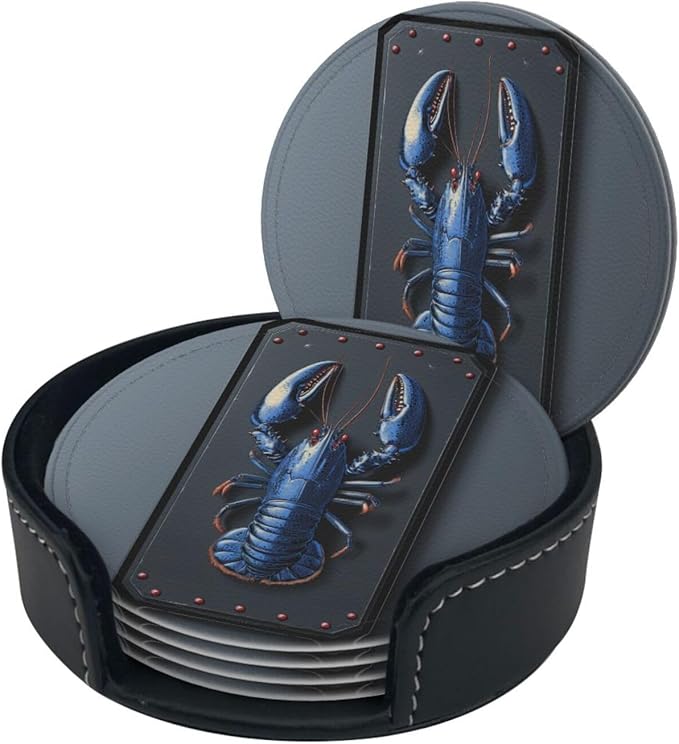 Lobster Printed Leather Coasters for Drinks, Set of 6 Drink Coaster Dining Room Decor Cup Coasters