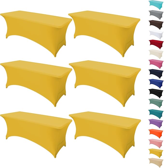 6Pack 6FT Table Cloth for Rectangular Fitted Events Stretch Yellow Table Covers Washable Spandex Tablecloth Protector for Party, Wedding, Cocktail, Banquet, Festival