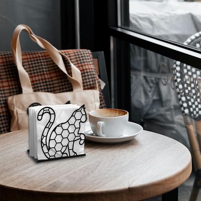Hexagon Cat Decorative Black Metal Napkin Holder for Table, 4.9" x 4.7" x 2" Kitty Animal Standing Napkin Holder for Home Kitchen Restaurant Picnic Party Coffee Bar Dining Room