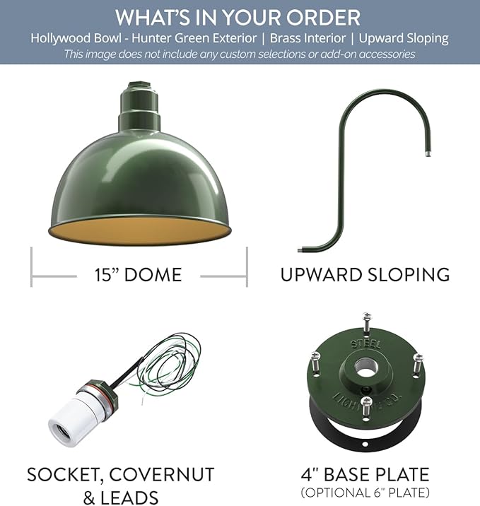 Steel Lighting Co. Hollywood Bowl Light | Outdoor Wall Mounted | 15 inch Bowl Dome | Upward Sloping Gooseneck | Barn Light Made in America | Hunter Green Exterior/Brass Interior