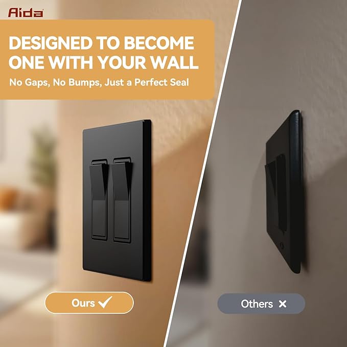 AIDA 2-Gang Decorative Wall Plates, 4.88" H x 4.94" L - Unbreakable Thermoplastic Faceplate Cover for Outlets and Switches, UL Listed - (10 Pack, Matte Black)