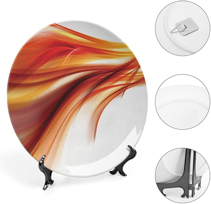 Ceramic Display Plate, Abstract Ceramic Hanging Decorative Plate, Modern Smooth Lines Blurred Smock Art, 6 Inch, Household Custom Ceramic Plate, Orange Red