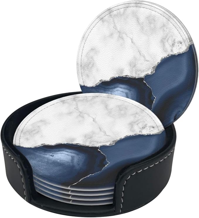 6 Pcs White Navy Blue Silver Marble Leather Coasters - Image 3