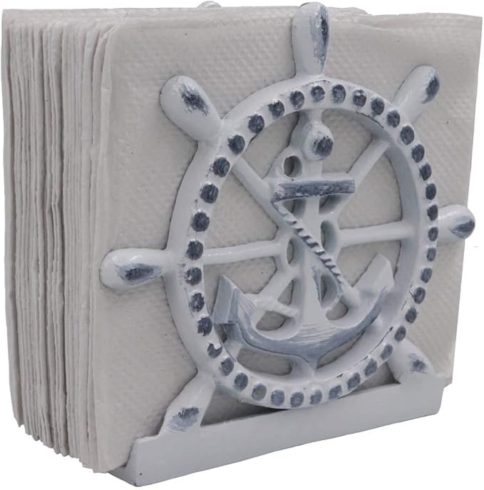 THDC Nautical Napkin Holder, Lunch, Dinner, Nautical Collection Napkin Holder, Made of Metal (Anchor Distressed White)