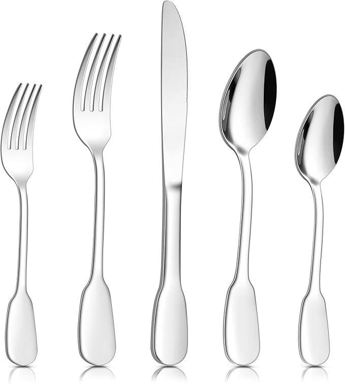 18/10 Silverware Set, E-far 60-Piece Stainless Steel Flatware Cutlery Set Service for 12, Metal Tableware Eating Utensil Sets for Home/Restaurant/Wedding, Elegant & Classic Style - Dishwasher Safe