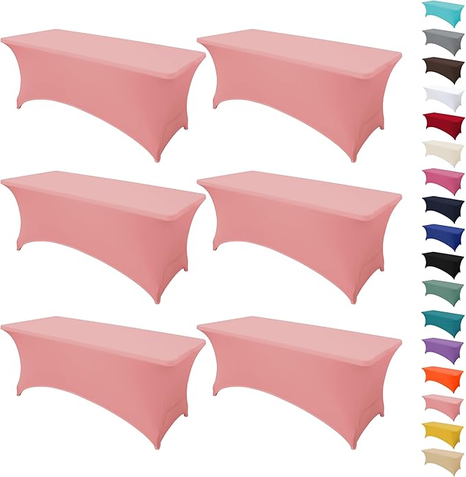 6Pack 6FT Table Cloth for Rectangular Fitted Events Stretch Pink Table Covers Washable Spandex Tablecloth Protector for Party, Wedding, Cocktail, Banquet, Festival