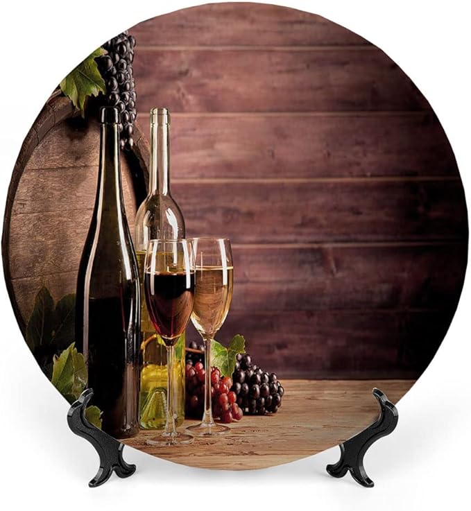 Ceramic Display Plate, Wine Ceramic Hanging Decorative Plate, Rustic Viticulture Concept, 8 Inch, Living Room Kitchen Decoration Household, Brown Green Light Brown