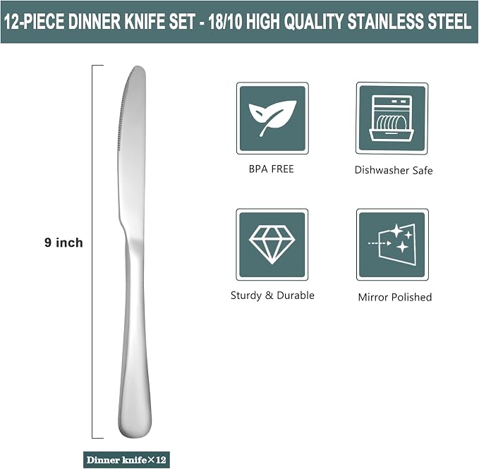 SANTUO Stainless Steel 12-Piece Dinner Knives Pack, Table Steak Knives Set - Image 2
