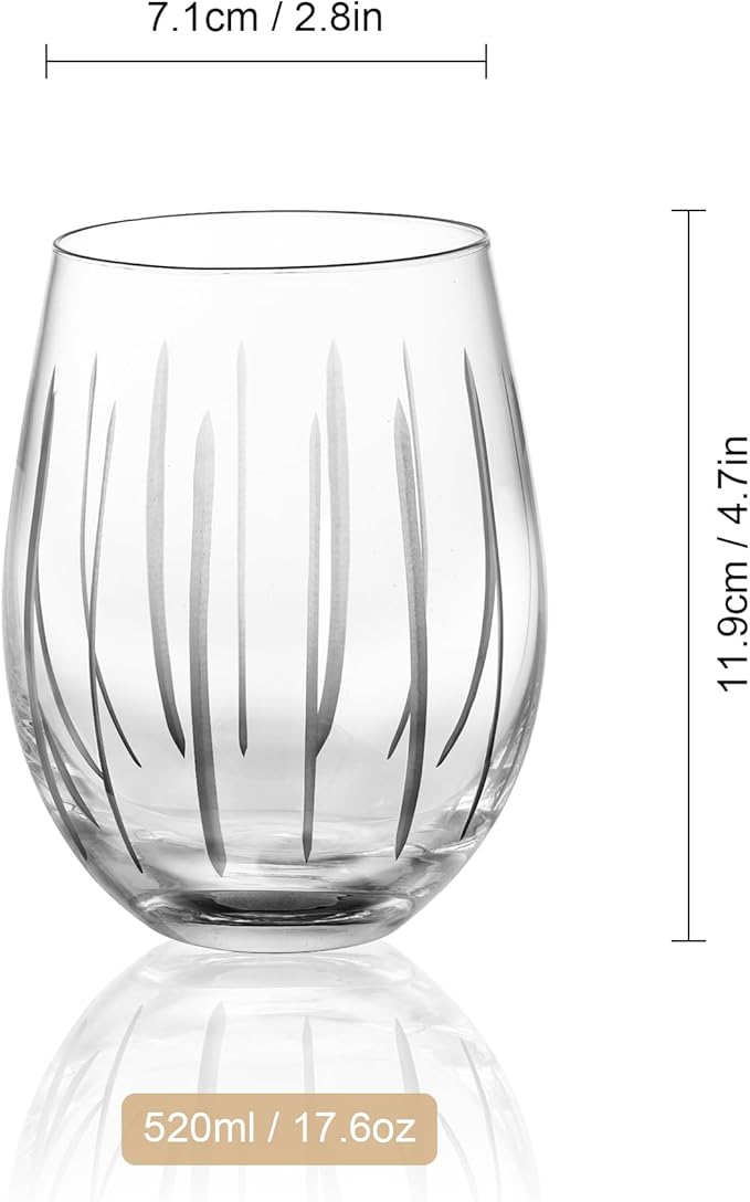 Joeyan Hand Blown Etched Stemless Wine Glasses for Red Wine,Large Carved Drinking Glass Cups Tumblers with Dots Strips Pattern for Wedding Anniversary Party Home,Set of 2, 17.5 oz, Dishwasher Safe