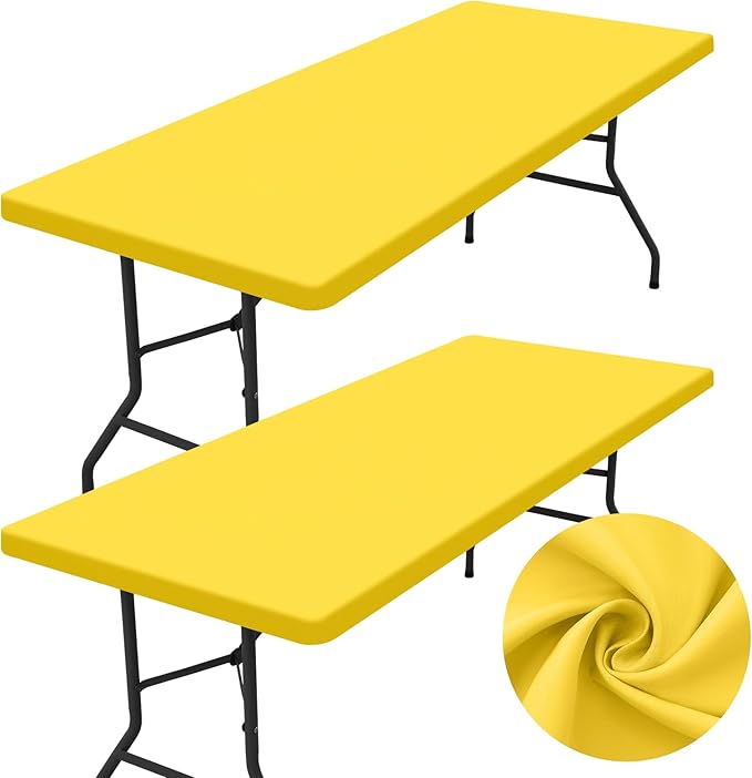 homing 2 Pack Rectangle Table Cloth, Elastic Fitted Fabric Tablecloth Fits for 8 Foot Folding Tables, Washable Table Cover for Picnic, Camping, Indoor & Outdoor (Yellow, 30" x 96")
