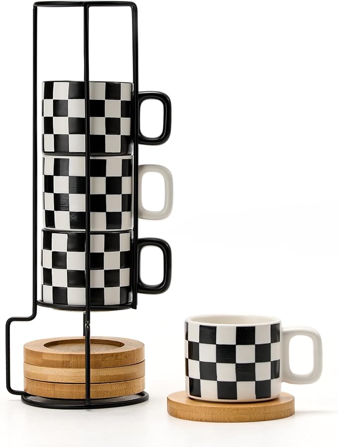 LUKA Ceramic Stackable Black and White Checkered Espresso Cups by LUKA