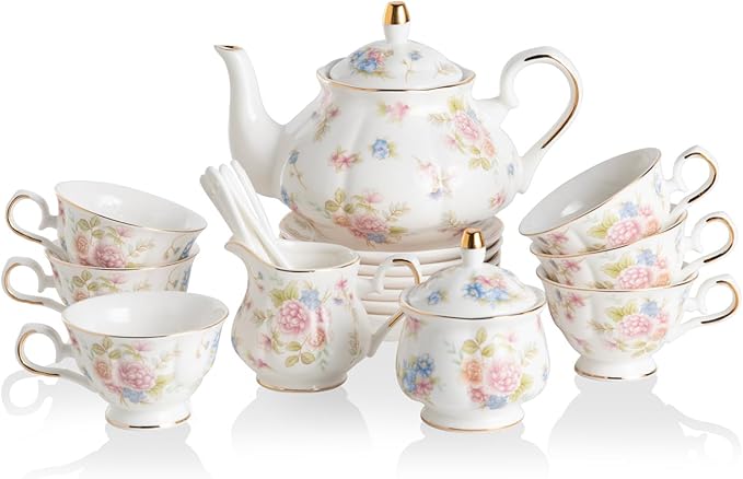 Sweejar Porcelain Tea Set Vintage Floral, British Relief Gold Rim Teapot Cup by Sweejarco1949