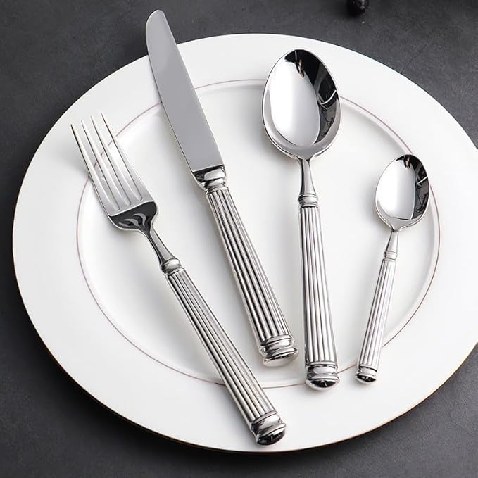Silverware Set for 6 Flatware Set 24 Pieces Elegance Luxury Tableware Set Roman Column Handle Knives and Forks spoons 18/10 Stainless Steel Cutlery Utensil Sets for Home Restaurant Dishwasher Safe