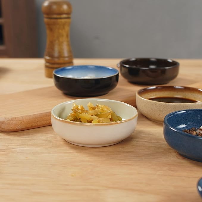 3.35 Inch Ceramic Soy Sauce Dish,Pinch Bowl,Small Dipping Bowls for Side Dishes,Appetizers,Condiments-Set of 6(Assorted Colorful)