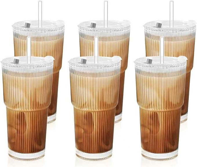 6 Pack 20 Oz Glass Cups with Lids and Straws Iced Coffee Cups Vintage Ribbed Glassware for Beer Ice Coffee Fruit Juice Elegant Aesthetic Cup Glass Iced Coffee Tumbler Include 3 Cleaning Brushes