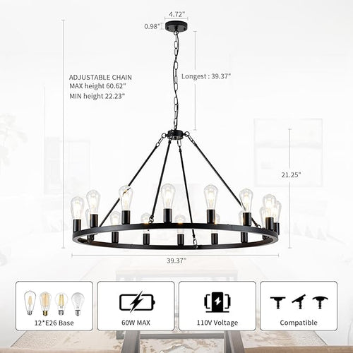 16-Light Black Wagon Wheel Chandelier, 40 inch Farmhouse Chandelier Dining Room, Round Rustic Chandeliers, Vintage Ceiling Hanging Pendant Light Fixture for Kitchen Island Living Room Bedroom Foyer