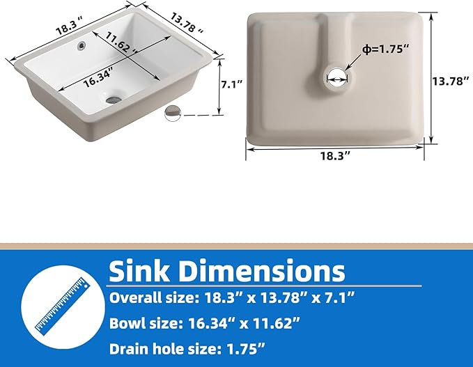 18 Inch White Rectangle Vessel Sink for Bathrooms 18.3" x 13.78" Small Undermount Bathroom Sink Ceramic Porcelain Under Counter Basin Sink with Overflow 465mm x 350mm Lavamanos Para Baños KINGWONG
