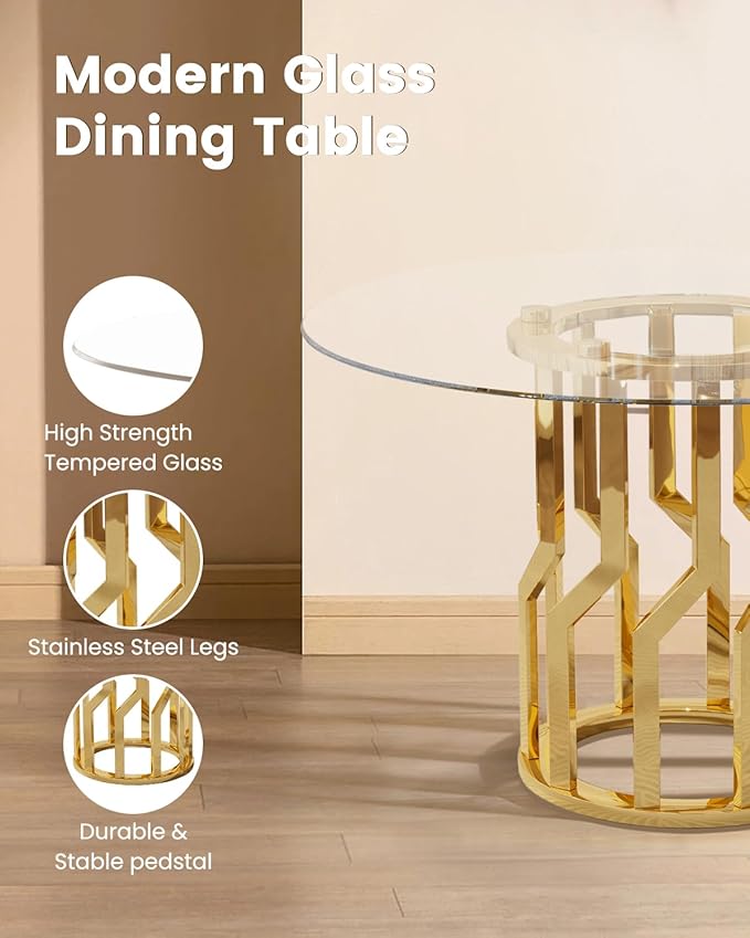 38.9" Round Glass Dining Table Set for 4, Modern 5 Piece Kitchen Table Set with Gold Stainless Steel Base & 4 PU Leather Accent Chairs, Saving Space, Dining Set for Apartment, Home - Black Chair