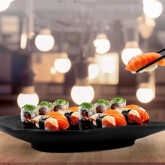 Black Melamine Sushi Plates 2pcs Set, Sturdy Commercial-grade Tableware, Snack and Appetizer Serving Trays for Household and Restaurant Use