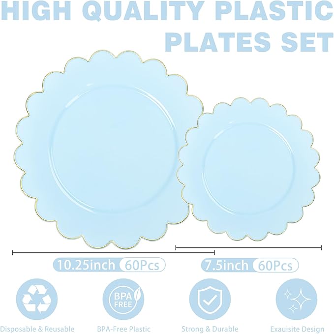 LIYH 120 Pcs Baby Blue Plastic Plates with Gold Edge - Disposable Light Blue Scalloped Baby Shower Plastic Plates Includes 60 Dinner Plate 10.25" & 60 Dessert Plate 7.5" for Birthday Party