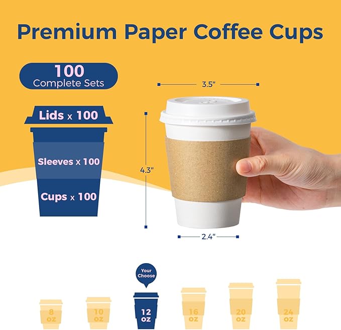 Fit Meal Prep 100 Pack 12 oz Disposable Coffee Cups with Lids, Sleeves, Leak-Proof To Go Coffee Cups with Lids, Durable Hot Paper Cups for Hot Cocoa and Coffee Bar Supplies