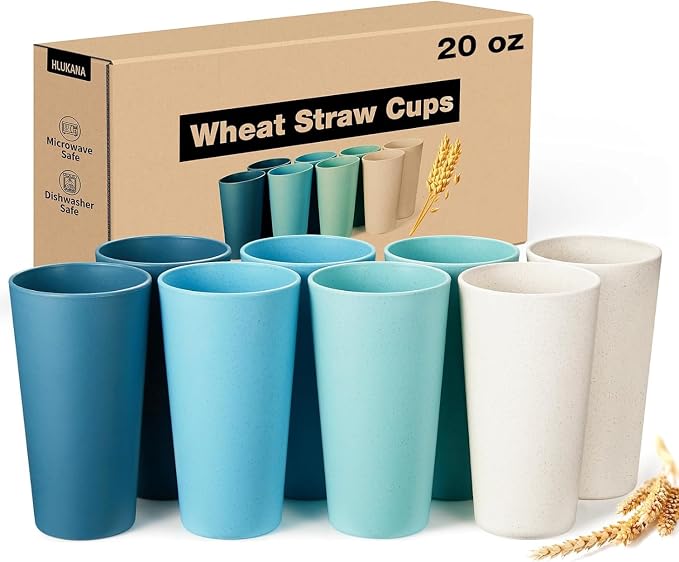 Hlukana Wheat Straw Cups Set of 8, 20 oz Unbreakable Drinking, Chip Resistant by Hlukana
