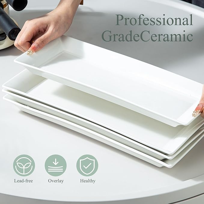 14" Rectangular Platters Set of 4, White Ceramic Platters, Large Serving Plates for Party, Entertaining, Wedding, Rectangle Serving Dishes for Steak, Sushi, Appetizer, Oven Dishwasher Safe